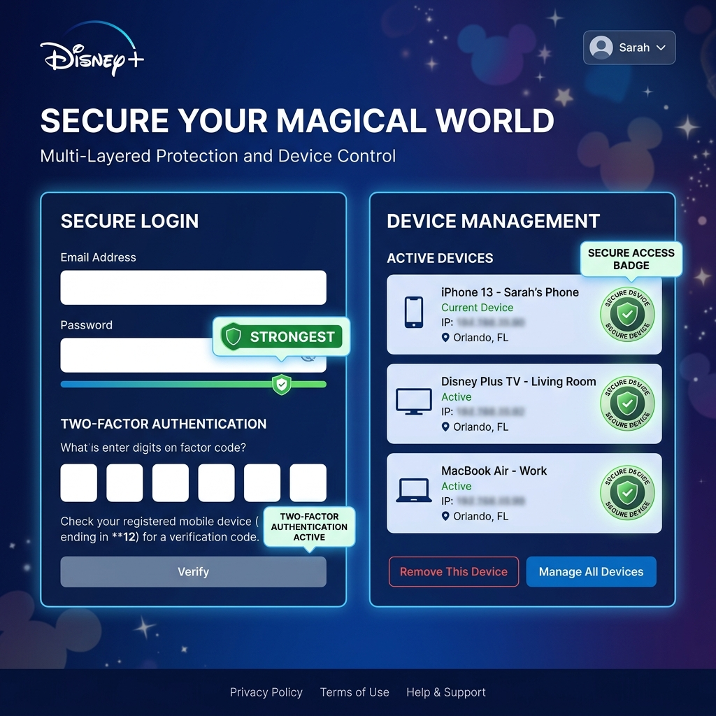 Disney share play security setup with two-factor authentication and device management