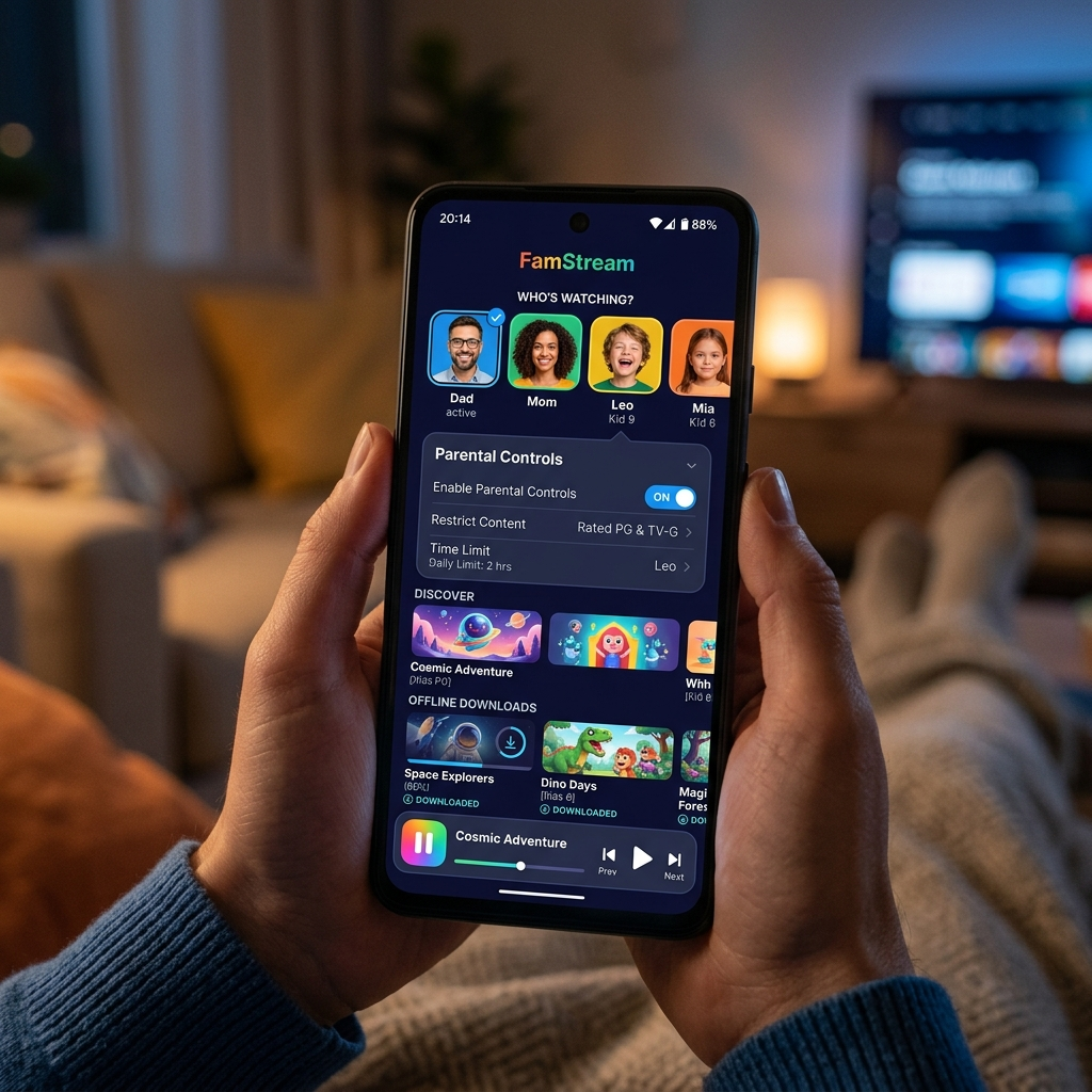 Family box subscription app interface showing multiple profiles and parental controls