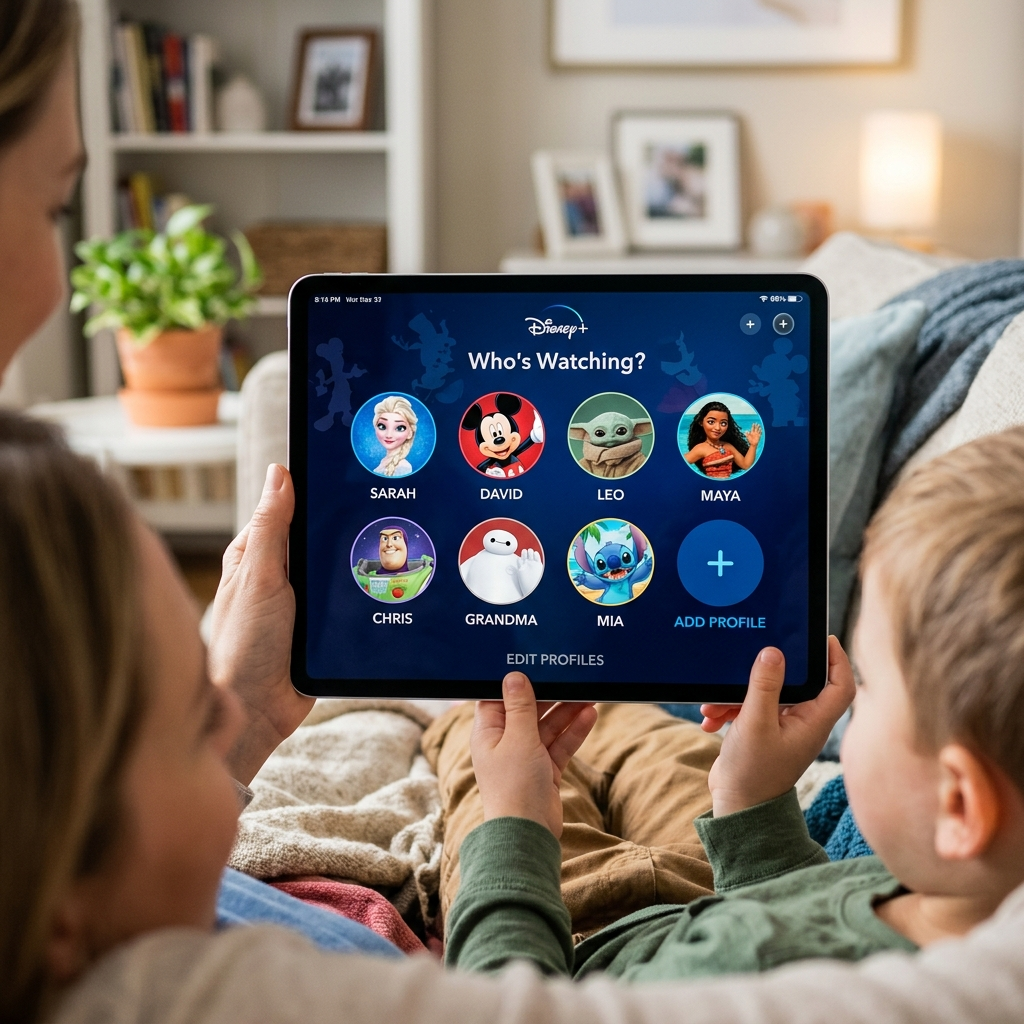 Disney Plus profile selection showing multiple user options for devices logged into Disney Plus