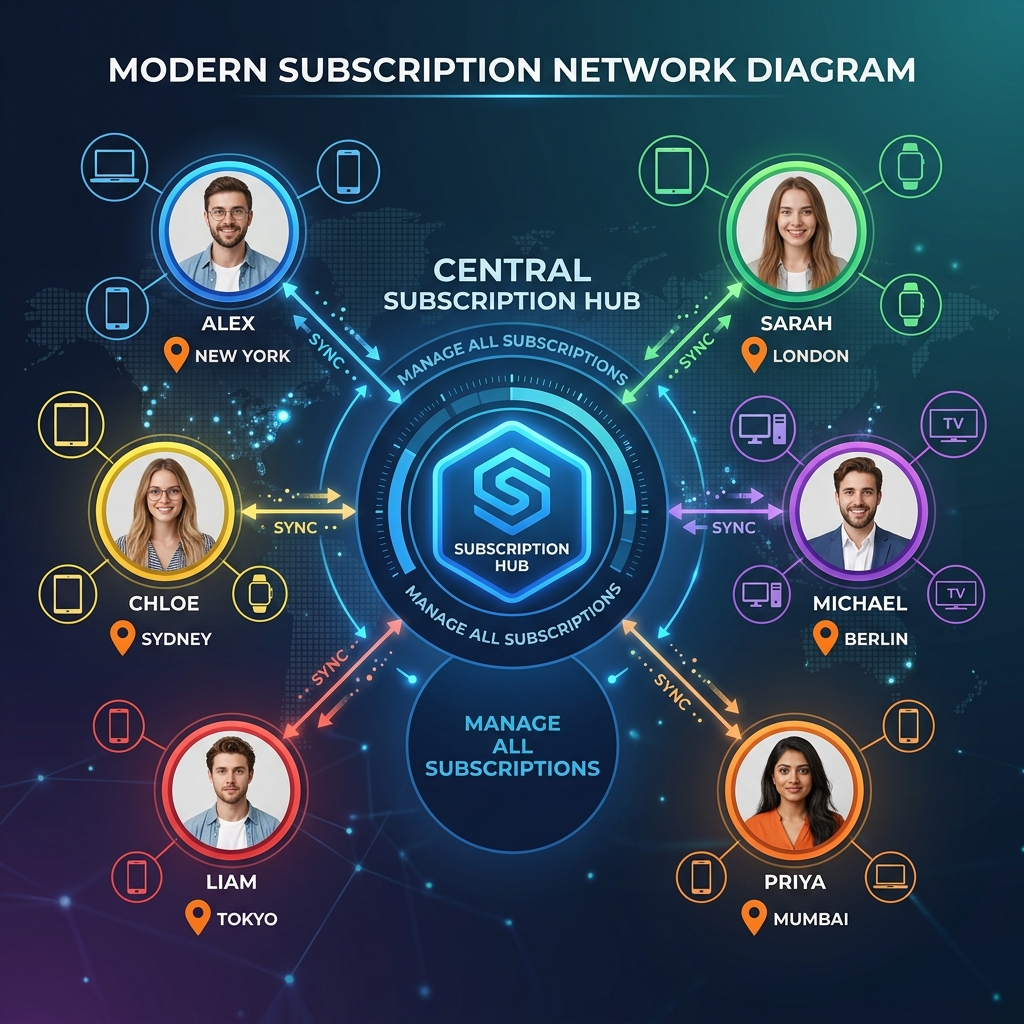 Network diagram showing share subscription agreement access control across devices