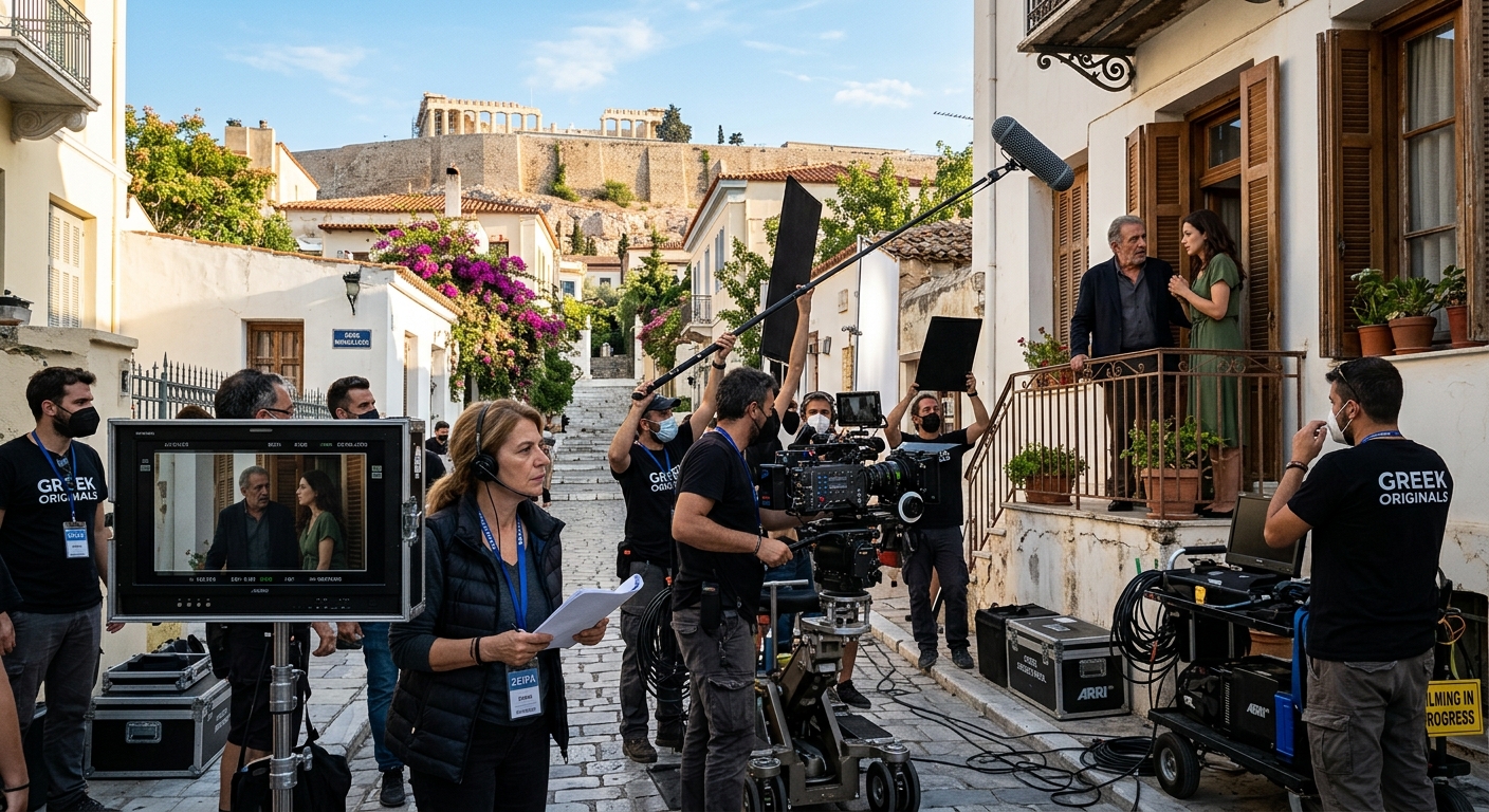 Greek streaming services original content production with film crew and Mediterranean backdrop