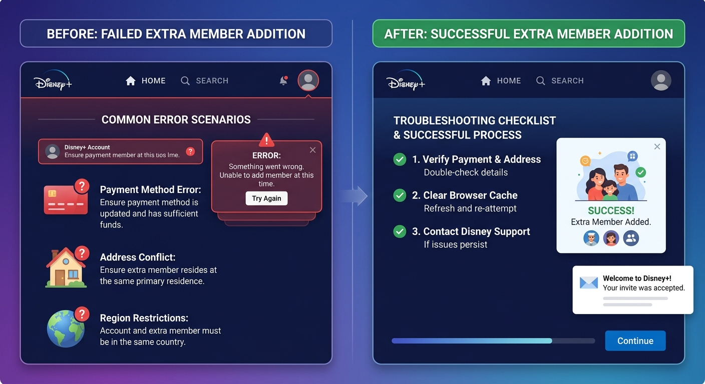 Troubleshooting guide for how to add an extra member on Disney Plus showing error messages