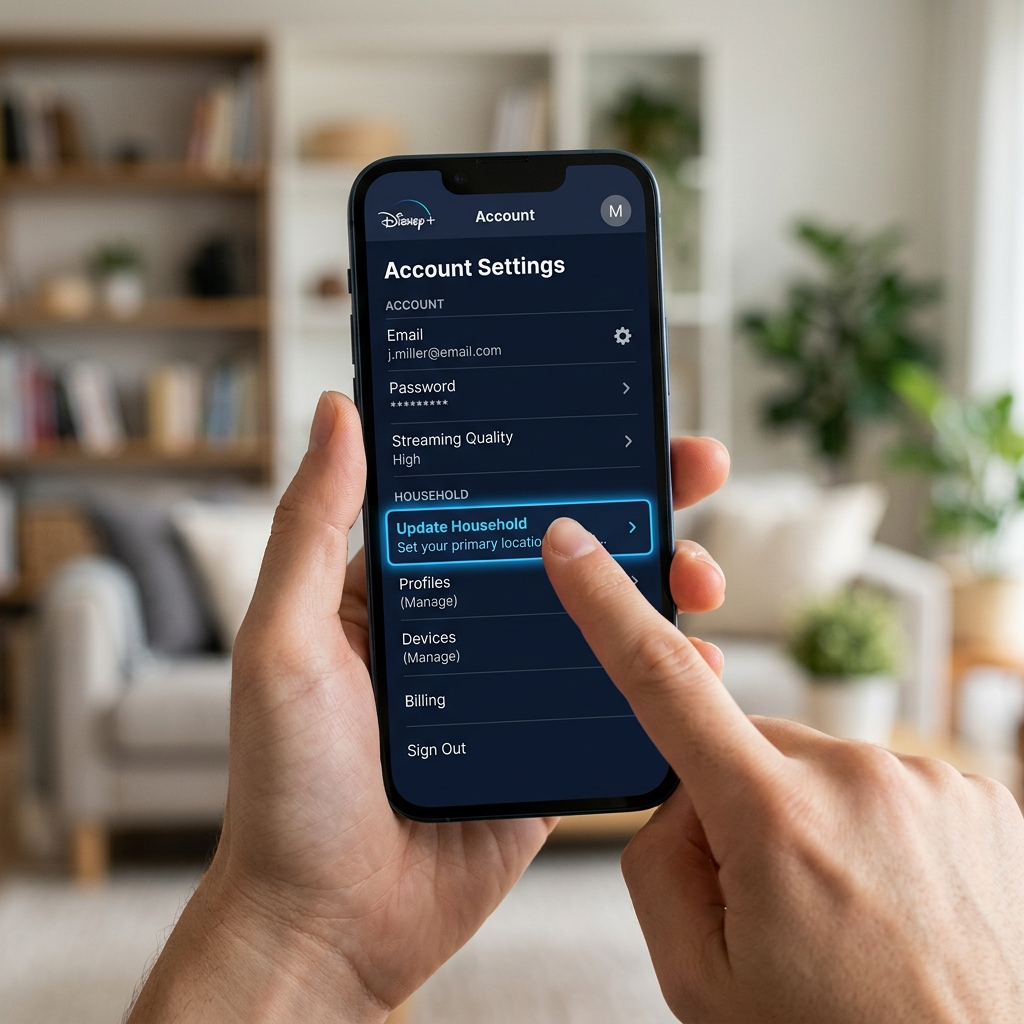 Disney Plus account settings showing how to update household on Disney Plus