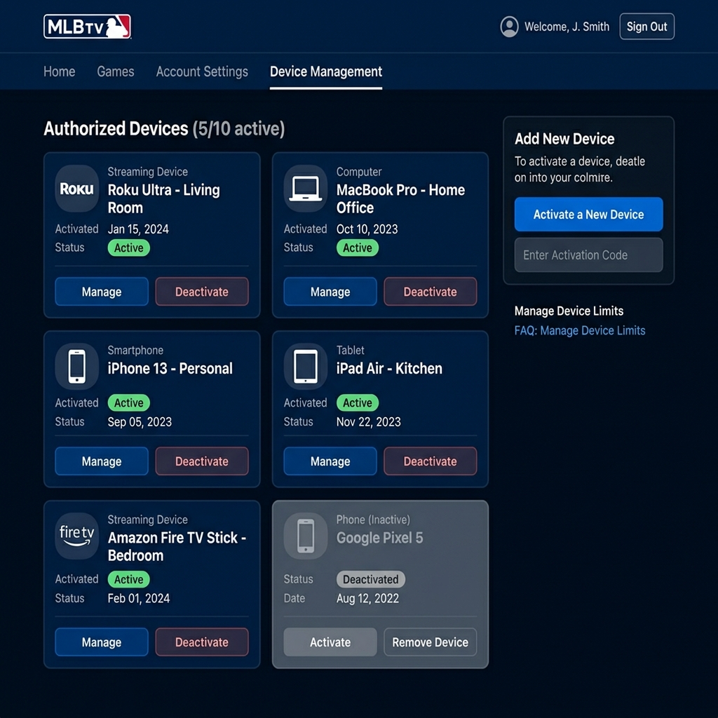 Can you share an MLB TV subscription device management showing authorized streaming devices