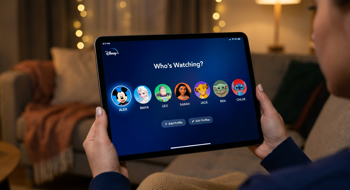 Disney Plus household limit profile management showing seven individual user profiles