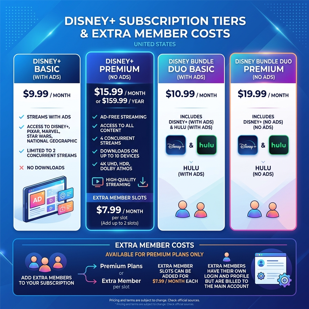 Pricing chart showing costs to add extra member to Disney Plus subscription tiers