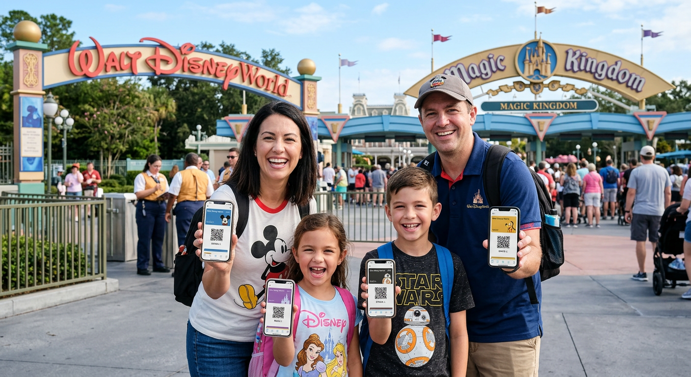 Family members showing how to share Disney tickets with family at park entrance