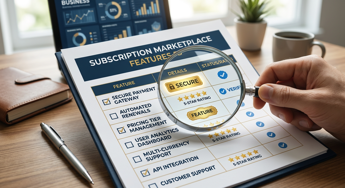 Subscription marketplace selection checklist with security and rating features