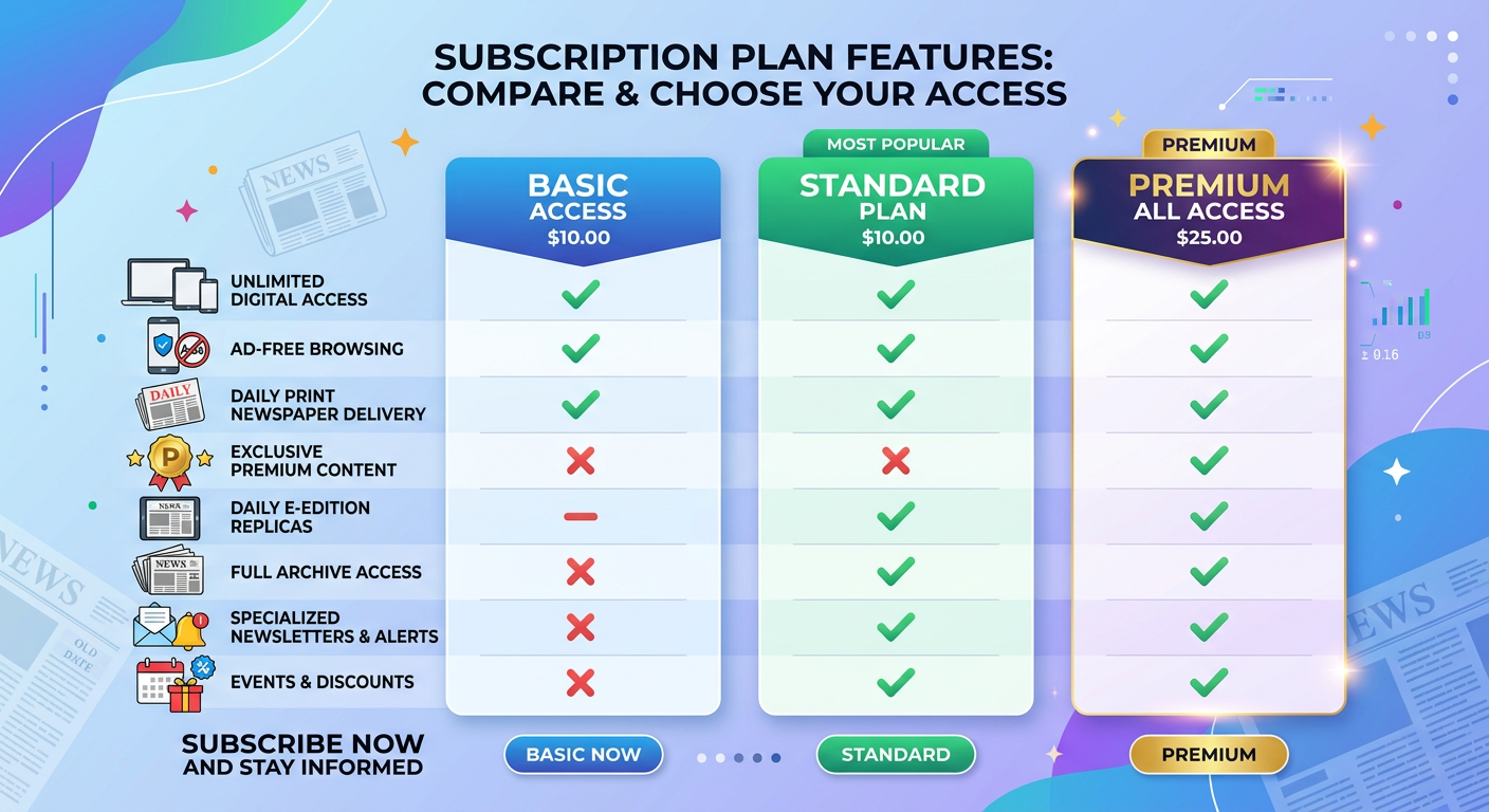 Feature comparison showing what's included in each the times subscription cost tier level