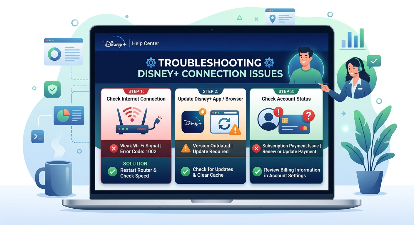 Troubleshooting guide for how to share play on Disney Plus showing common error solutions