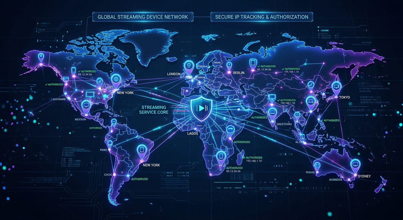 Disney Plus household limit enforcement technology with device tracking visualization