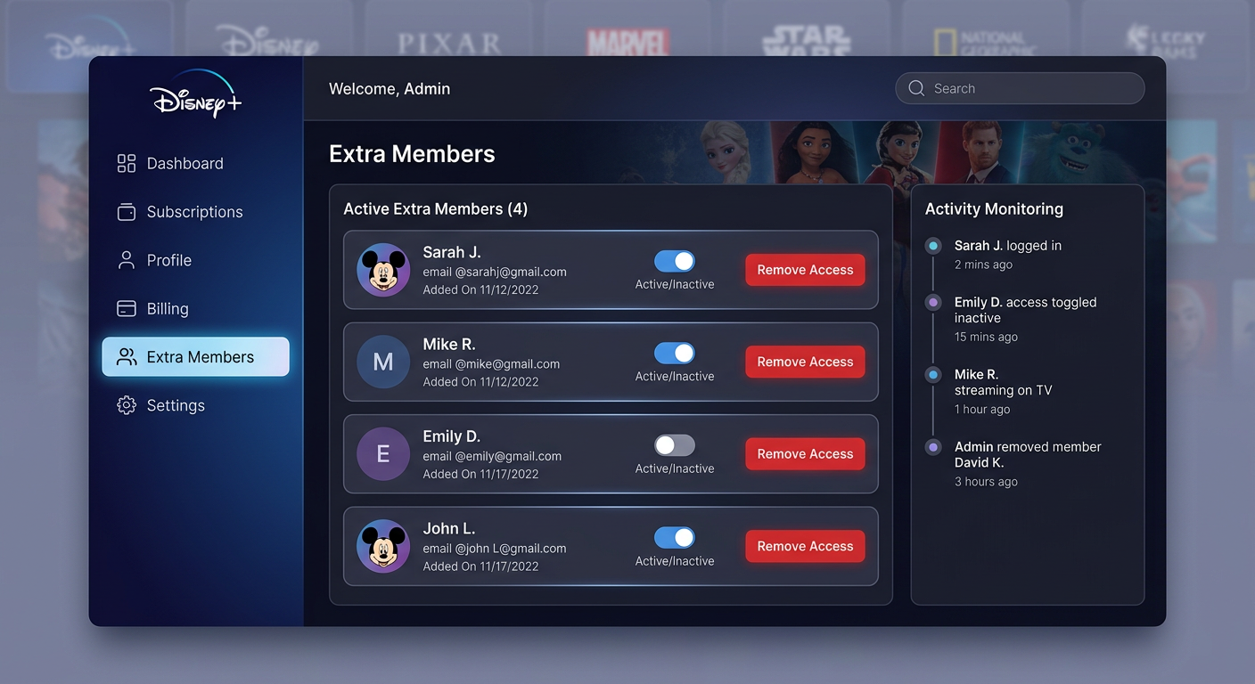 Dashboard showing Disney Plus invite an extra member management options