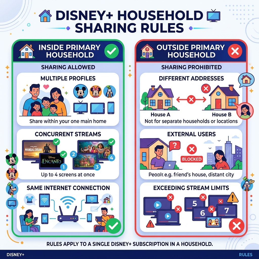 Infographic explaining how many people can log into Disney Plus according to household sharing rules