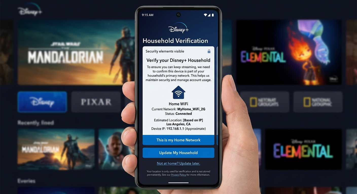 Disney Plus household verification screen demonstrating secure account sharing requirements