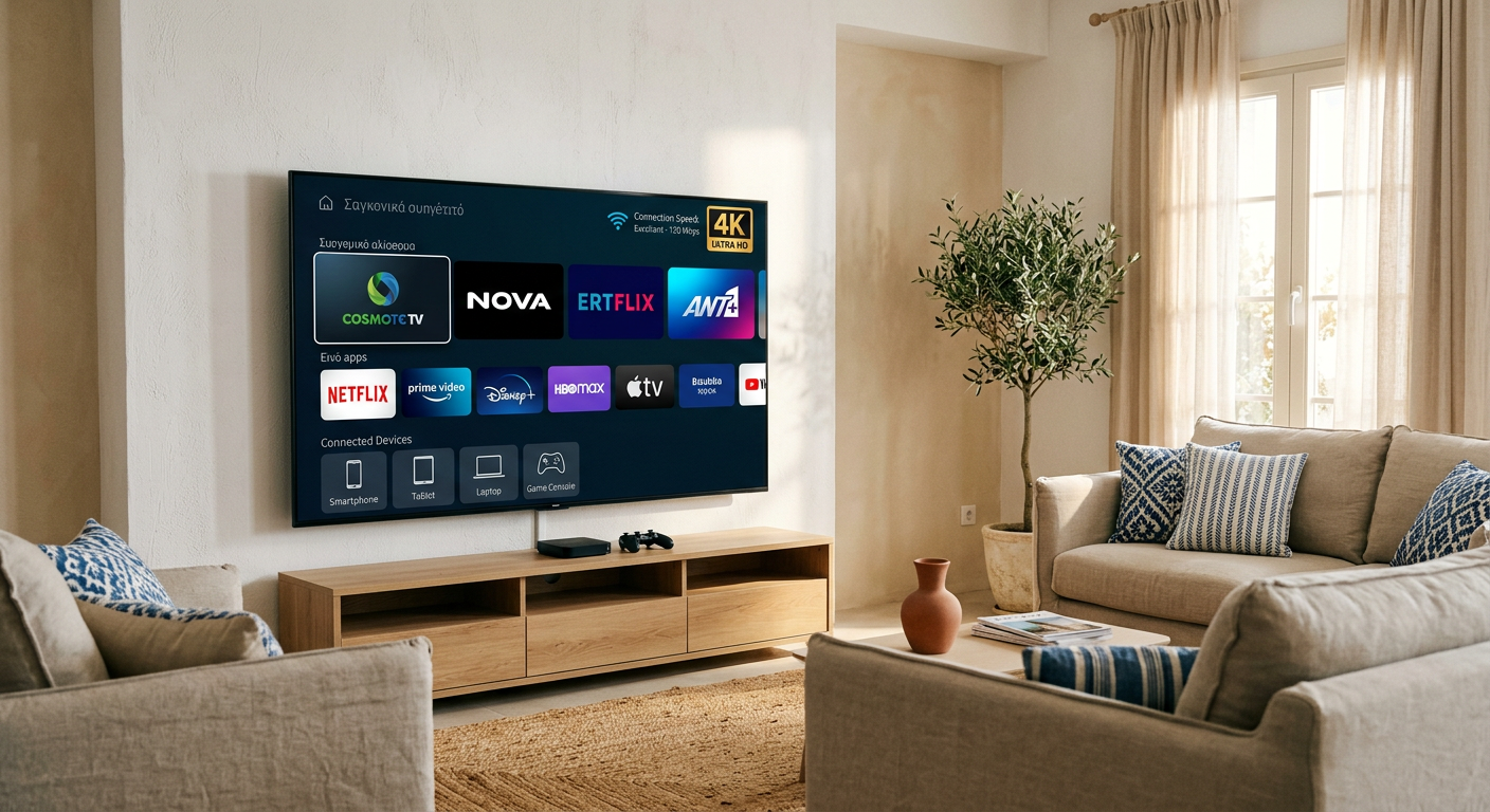 Greek streaming services technical features displayed on smart TV with 4K and multi-device support