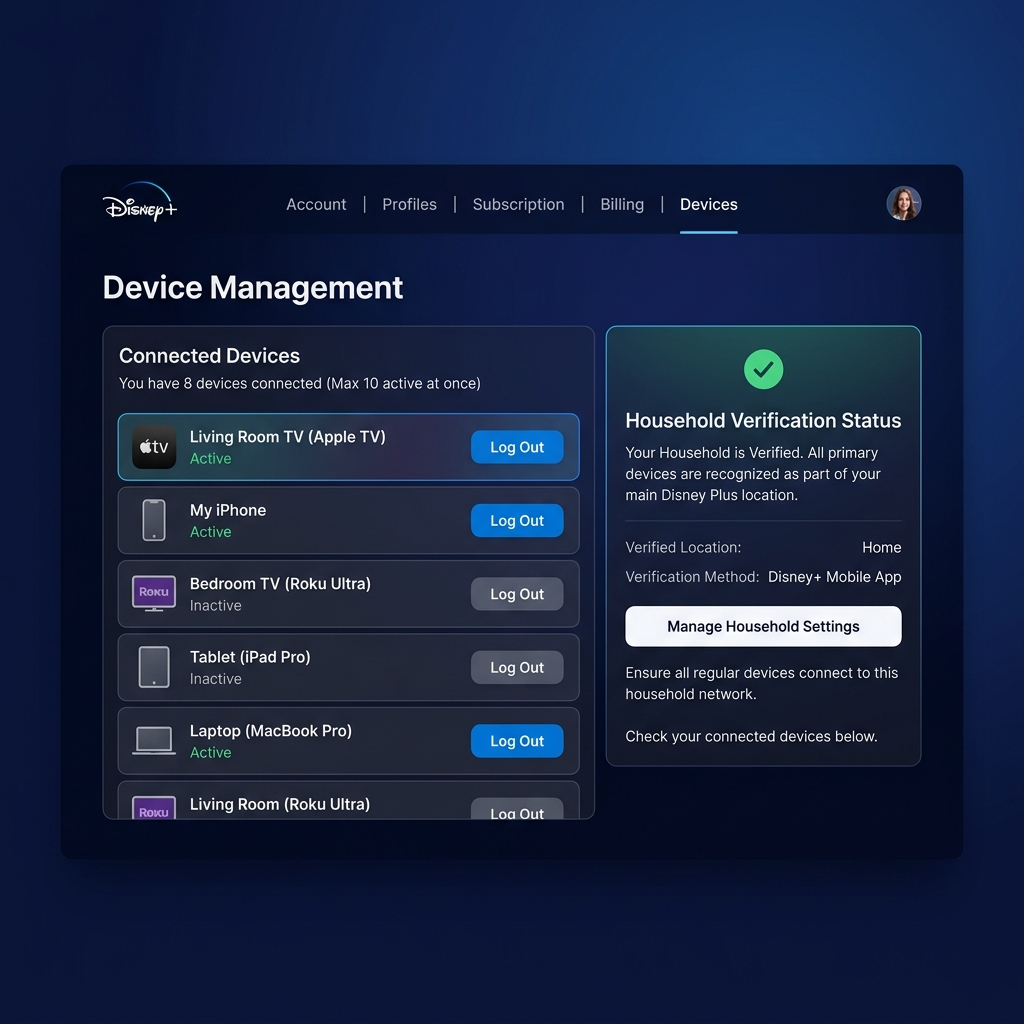 Disney Plus device management interface showing household access controls and verification settings