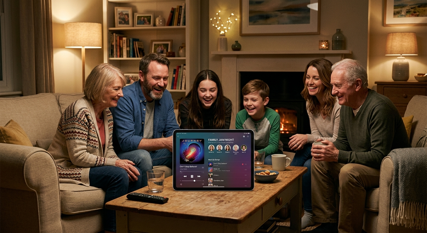 Family using shared Apple Music subscription to create collaborative playlists together