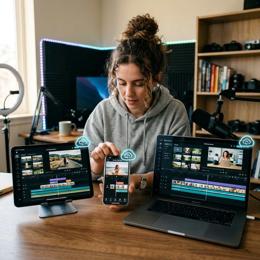 CapCut cheap subscription multi-device workflow showing cloud sync capabilities