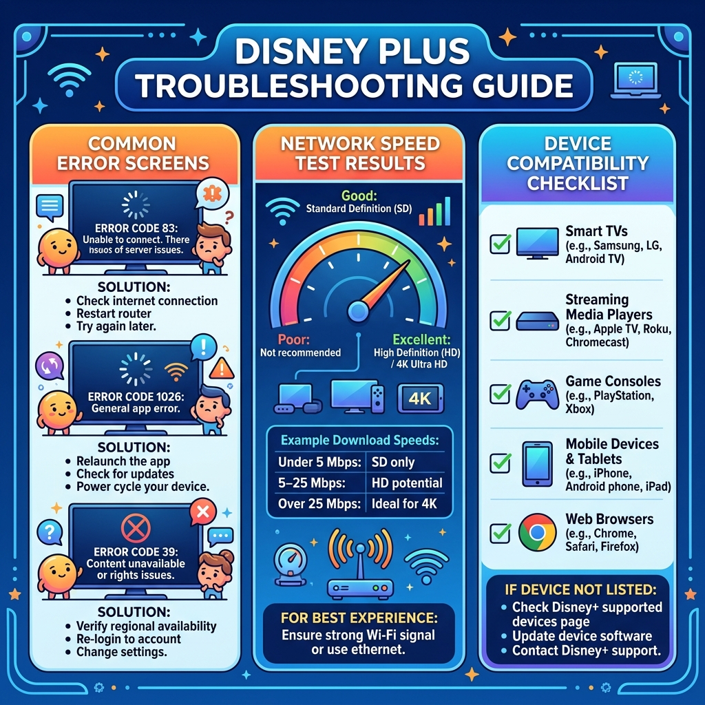 Disney share play troubleshooting guide showing error solutions and network requirements