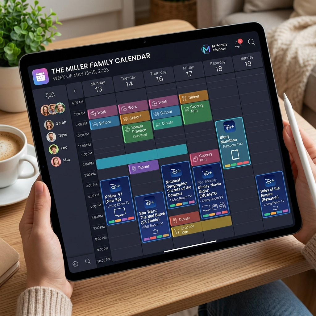 Family schedule showing coordinated Disney Plus viewing times across multiple devices