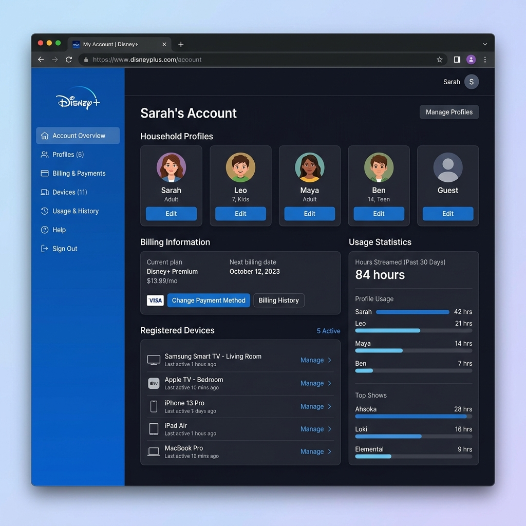 How to add another household to Disney Plus complete management dashboard interface