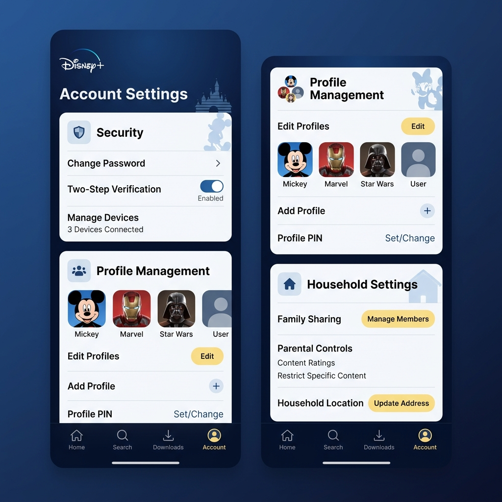 Can I password share Disney Plus account settings showing security and household management options