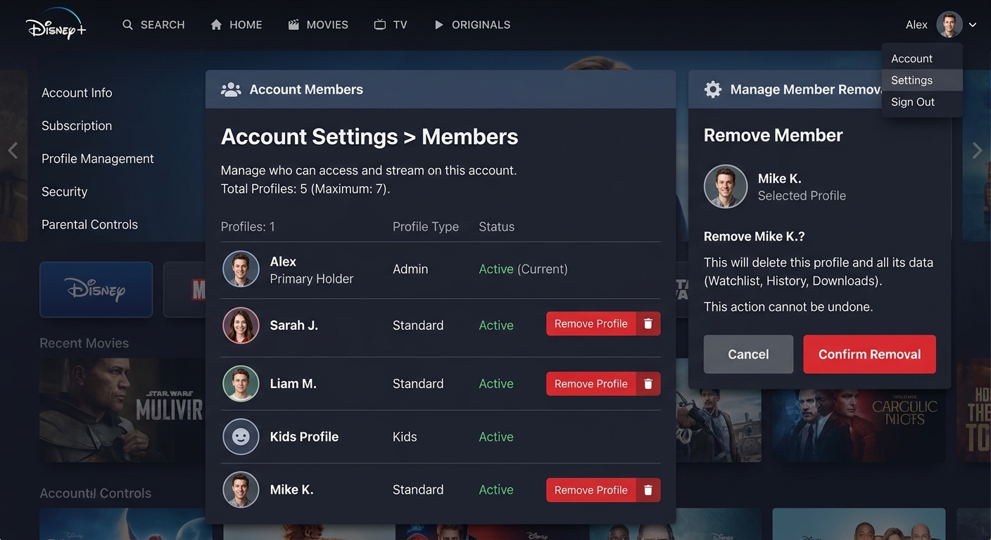 Disney Plus dashboard showing how to manage and add extra member to Disney Plus subscriptions