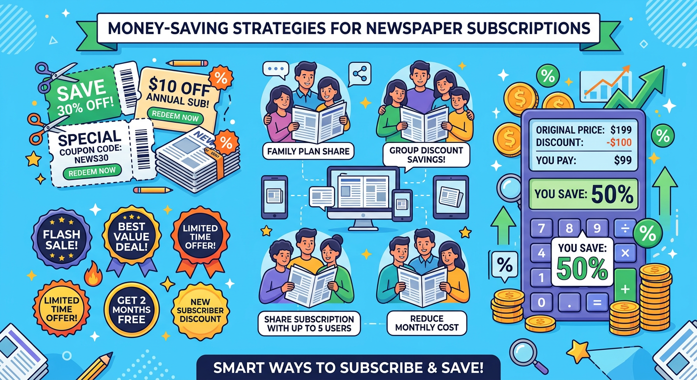 Money-saving strategies illustration for reducing the times subscription cost through discounts and sharing