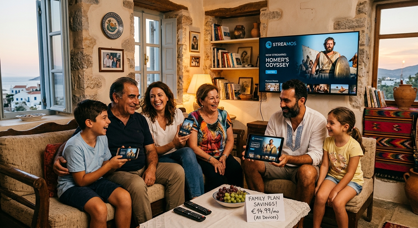 Greek family sharing streaming subscription across multiple devices for maximum value